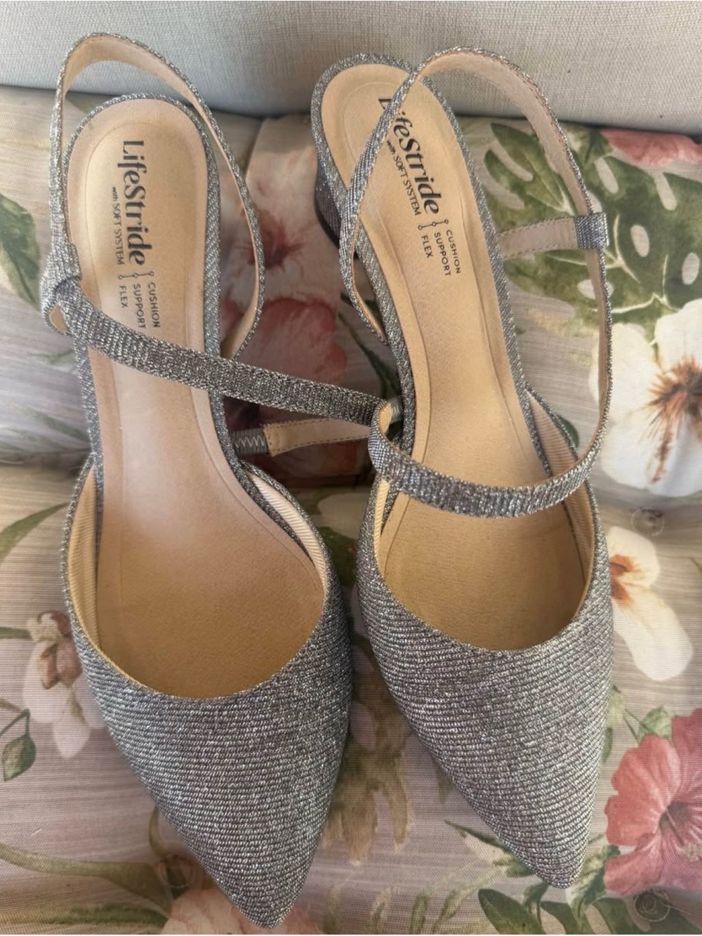 Life Stride Silver Glitter Pointed Toe Slingback Heels